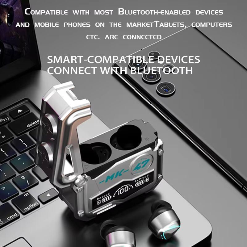 MK47 Mechanical Wireless Bluetooth Earphones Cool Metal Mechanical Display Long Range TWS Esports Gaming Earphones