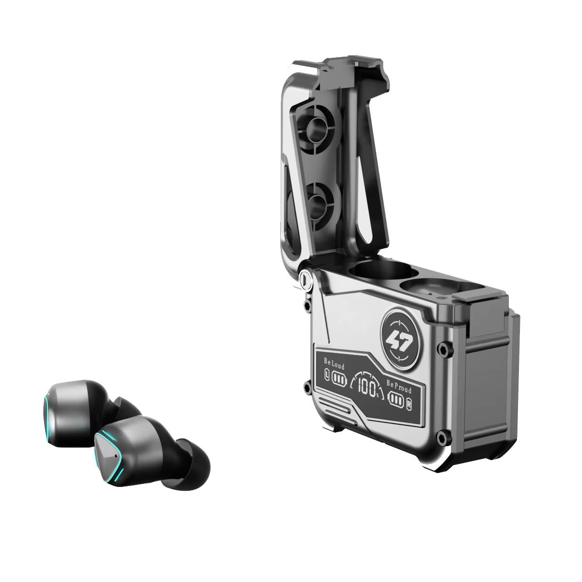 MK47 Mechanical Wireless Bluetooth Earphones Cool Metal Mechanical Display Long Range TWS Esports Gaming Earphones