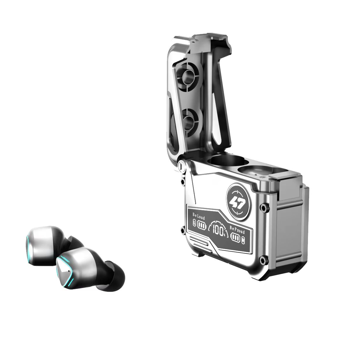 MK47 Mechanical Wireless Bluetooth Earphones Cool Metal Mechanical Display Long Range TWS Esports Gaming Earphones