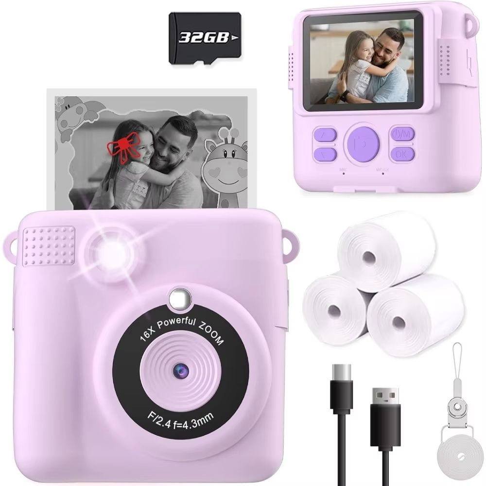 Portable Instant Print Camera for Kids with 1080P Video - Perfect Christmas & Birthday Gifts for Girls and Boys - Purple
