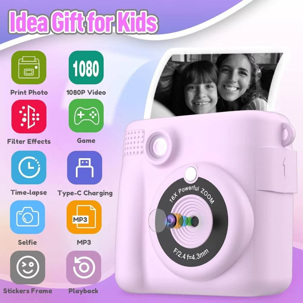 Portable Instant Print Camera for Kids with 1080P Video - Perfect Christmas & Birthday Gifts for Girls and Boys - Purple