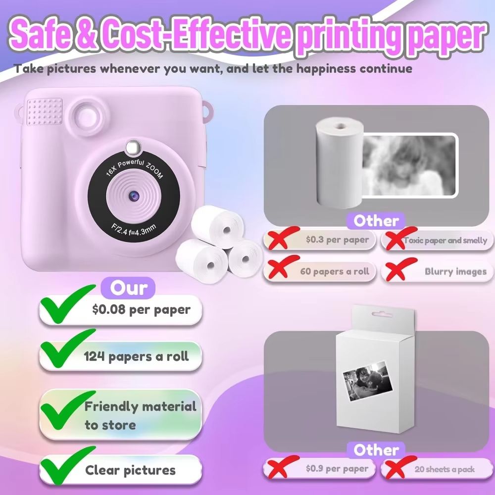 Portable Instant Print Camera for Kids with 1080P Video - Perfect Christmas & Birthday Gifts for Girls and Boys - Purple