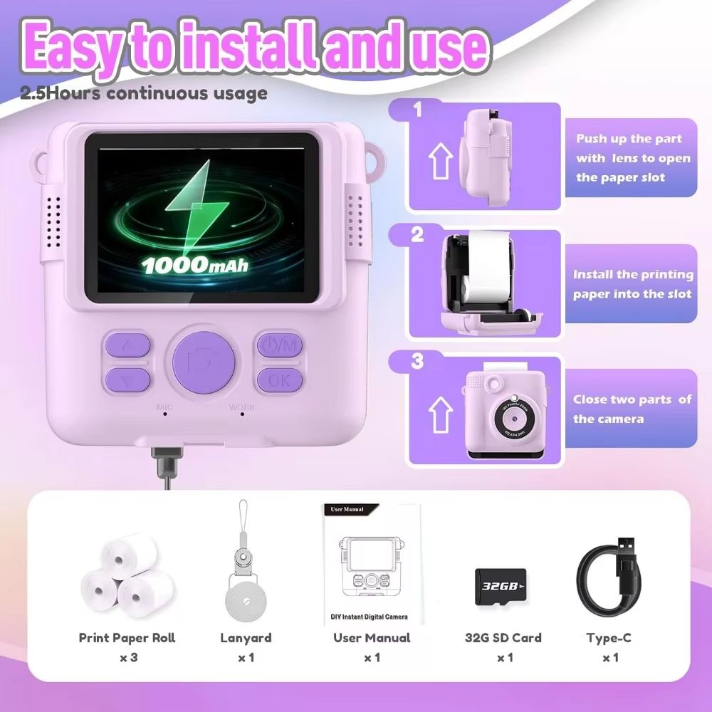 Portable Instant Print Camera for Kids with 1080P Video - Perfect Christmas & Birthday Gifts for Girls and Boys - Purple