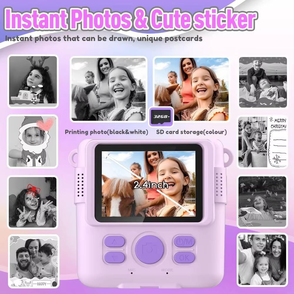 Portable Instant Print Camera for Kids with 1080P Video - Perfect Christmas & Birthday Gifts for Girls and Boys - Purple