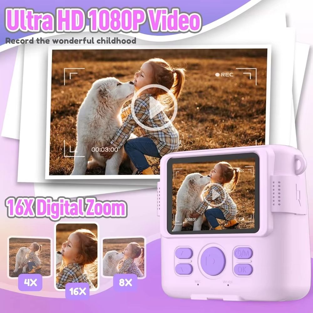 Portable Instant Print Camera for Kids with 1080P Video - Perfect Christmas & Birthday Gifts for Girls and Boys - Purple