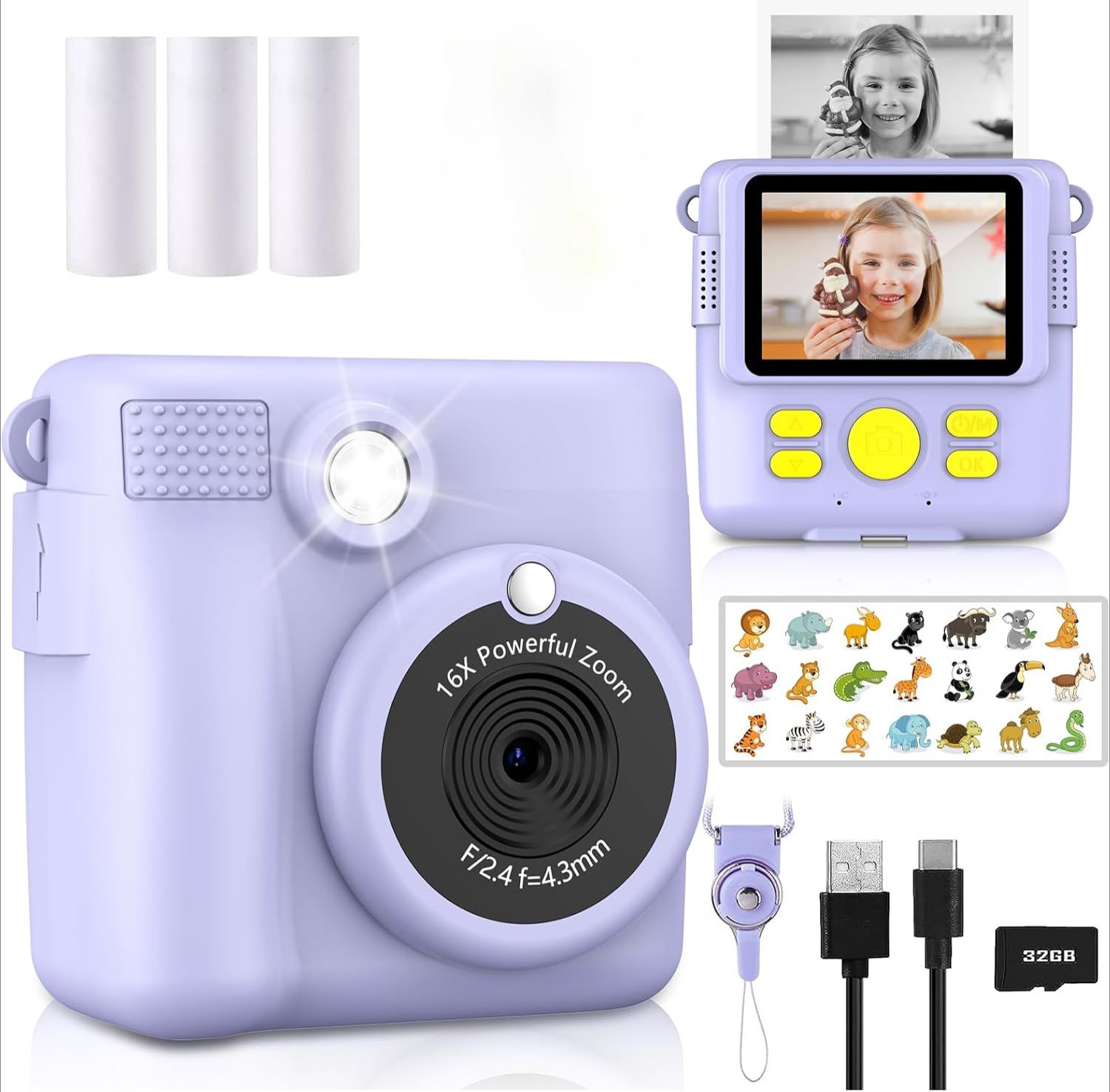 Portable Instant Print Camera for Kids with 1080P Video - Perfect Christmas & Birthday Gifts for Girls and Boys - Purple