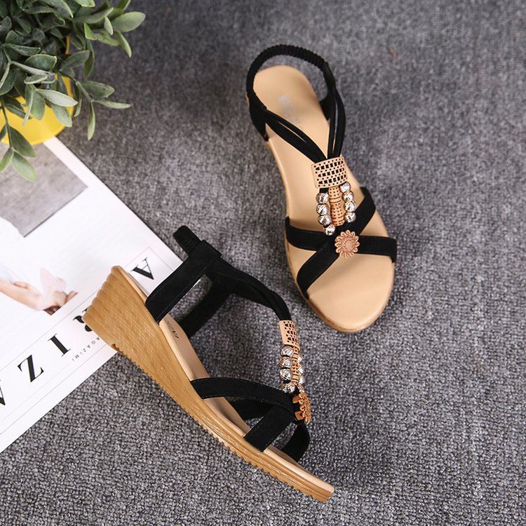 Fashion Causal Sandals for Women Summer New Korean Beaded Bohemian Wedge Fish Toe Shoes Lady Heels Sandals