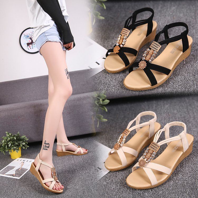 Fashion Causal Sandals for Women Summer New Korean Beaded Bohemian Wedge Fish Toe Shoes Lady Heels Sandals