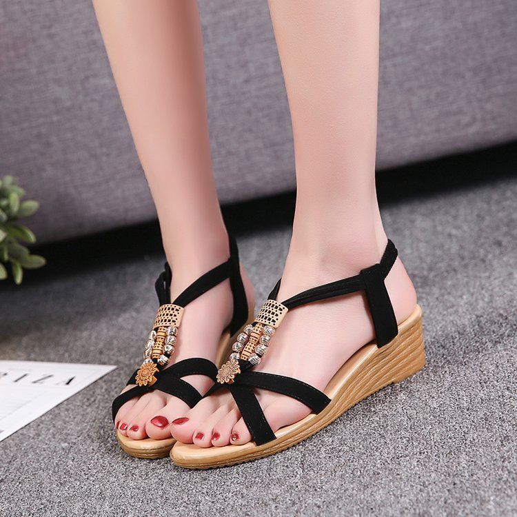 Fashion Causal Sandals for Women Summer New Korean Beaded Bohemian Wedge Fish Toe Shoes Lady Heels Sandals