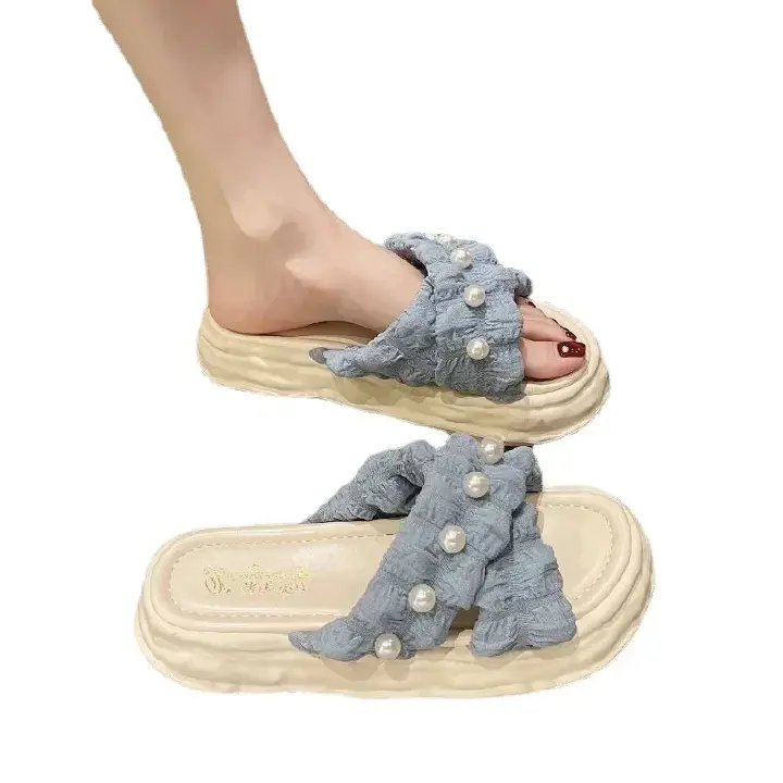 Open Shoes New Fairy Style Platform Dissolved Shoes Seaside Beach Slippers Ins Pearl Sandals Women's Outer Wear Indoor Slippers Blue