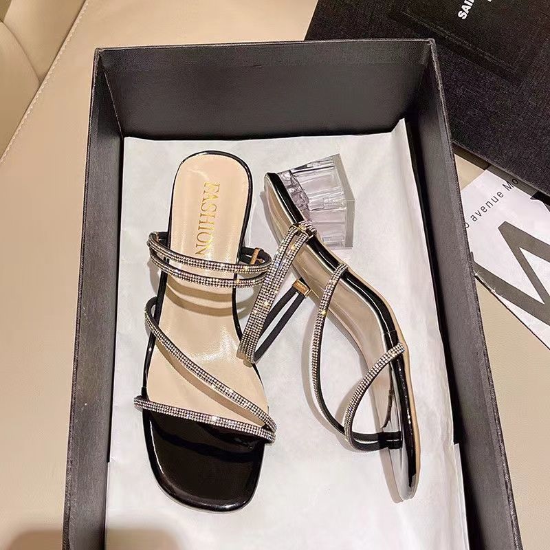Summer Bling Mid Heels Slippers Shoes Women 2024 New Outside Sandals Pumps Shoes Fashion Party Heels Sandals