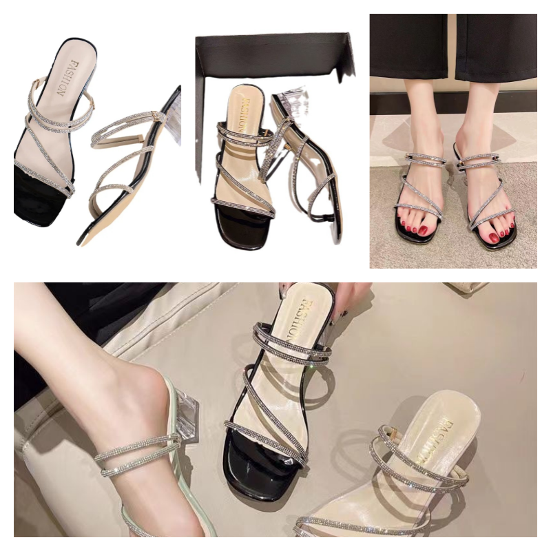 Summer Bling Mid Heels Slippers Shoes Women 2024 New Outside Sandals Pumps Shoes Fashion Party Heels Sandals