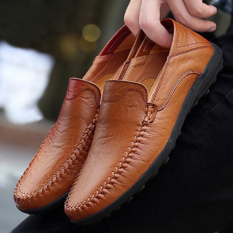 Men Leather Casual Shoes Loafers New Fashion Luxury Brand Moccasin Comfortable Breathable Boat Driving Brown Leather Shoes