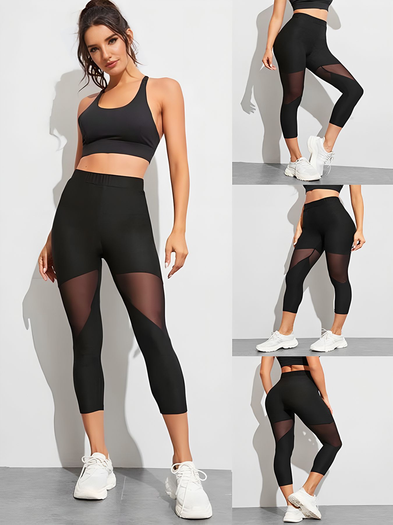 Mesh panels, cropped pants, sports yoga stretch pants, running leggings, women's pants