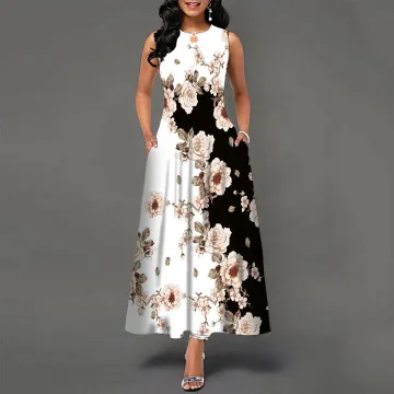 European and American sleeveless long dresses, women's positioning, printed large hem dresses, bohemian retro Long skirt