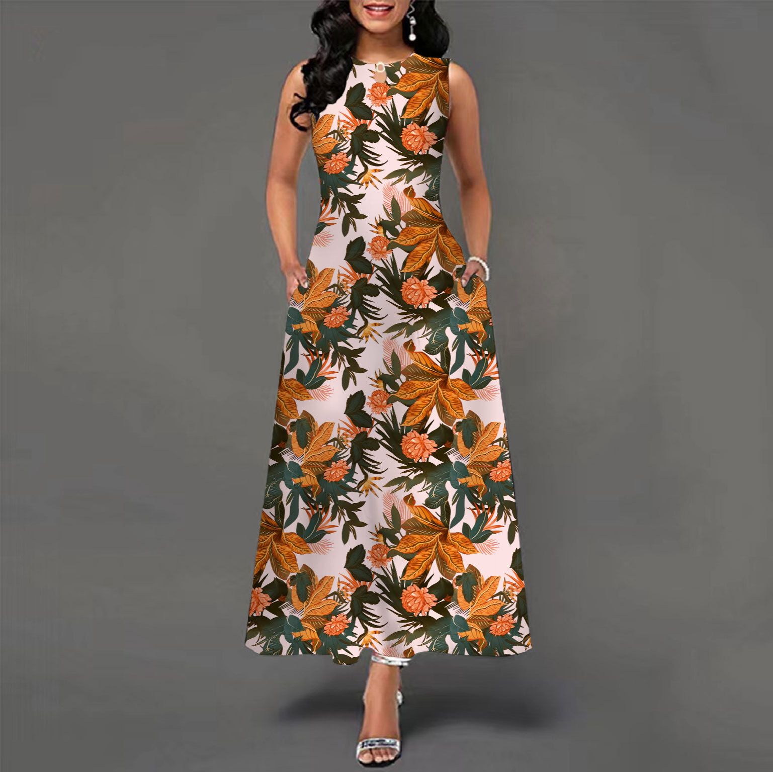 European and American sleeveless long dresses, women's positioning, printed large hem dresses, bohemian retro Long skirt