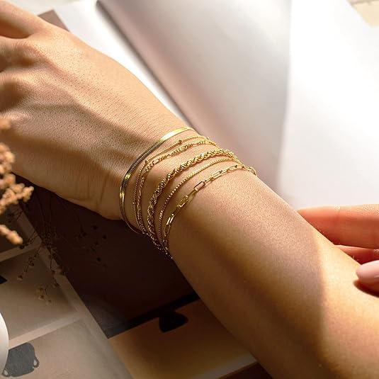 Gold Bracelets for Women Waterproof Jewelry Sets for Women Trendy Thin Dainty Stackable Cuban Link Paperclip Chain Bracelet Pack Fashion Accessories Gifts for Womens