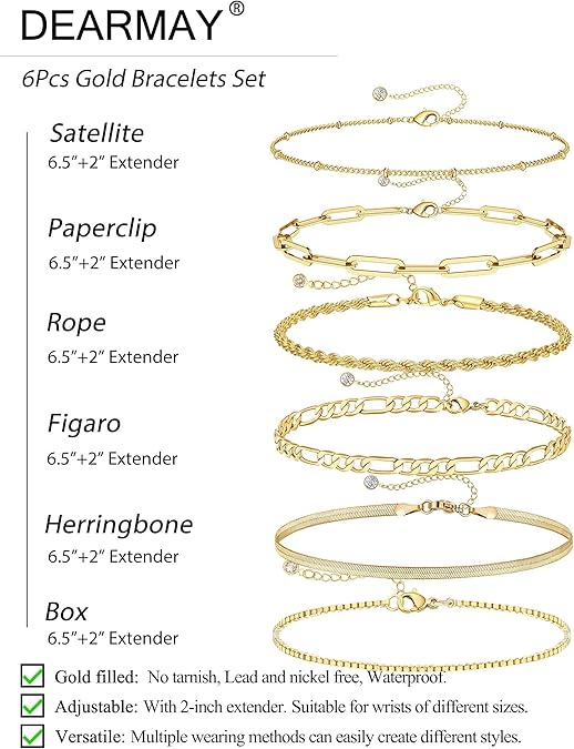 Gold Bracelets for Women Waterproof Jewelry Sets for Women Trendy Thin Dainty Stackable Cuban Link Paperclip Chain Bracelet Pack Fashion Accessories Gifts for Womens