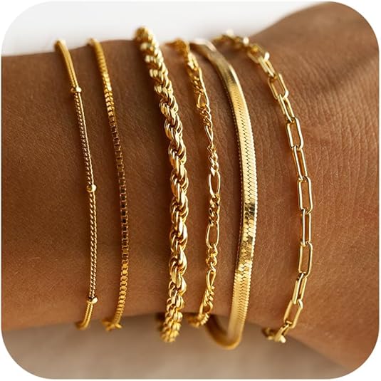 Gold Bracelets for Women Waterproof Jewelry Sets for Women Trendy Thin Dainty Stackable Cuban Link Paperclip Chain Bracelet Pack Fashion Accessories Gifts for Womens