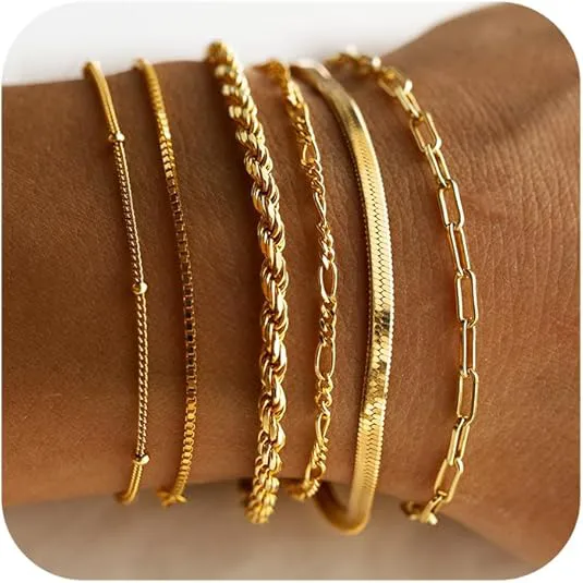 Gold Bracelets for Women Waterproof Jewelry Sets for Women Trendy Thin Dainty Stackable Cuban Link Paperclip Chain Bracelet Pack Fashion Accessories Gifts for Womens