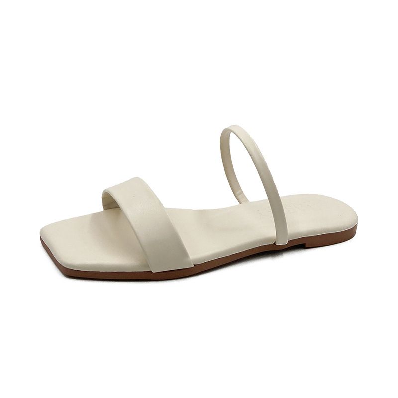 New Women's Square-Toe Peep-Toe Slides Flat Single Strap Casual Sandals Non-Slip Outdoor House Footwear for Daily Wear Flats Sandals Open Shoes Black White