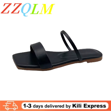 New Women's Square-Toe Peep-Toe Slides Flat Single Strap Casual Sandals Non-Slip Outdoor House Footwear for Daily Wear Flats Sandals Open Shoes Black White