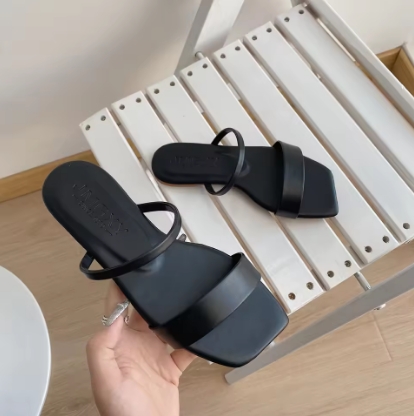 New Women's Square-Toe Peep-Toe Slides Flat Single Strap Casual Sandals Non-Slip Outdoor House Footwear for Daily Wear Flats Sandals Open Shoes Black White