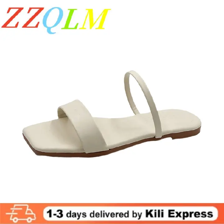 New Women's Square-Toe Peep-Toe Slides Flat Single Strap Casual Sandals Non-Slip Outdoor House Footwear for Daily Wear Flats Sandals Open Shoes Black White