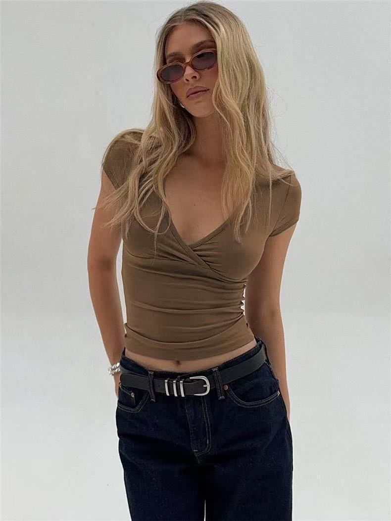 Y2K Stretch Cotton Tops for Women - Slim Fit V-Neck Tee, Solid Color, Summer Fashion