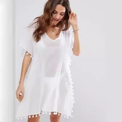 Amazon Summer Women's Trade Round Neck Chiffon Tassel Dress Large Loose Beach Hoodie Manufacturer in Stock White one size