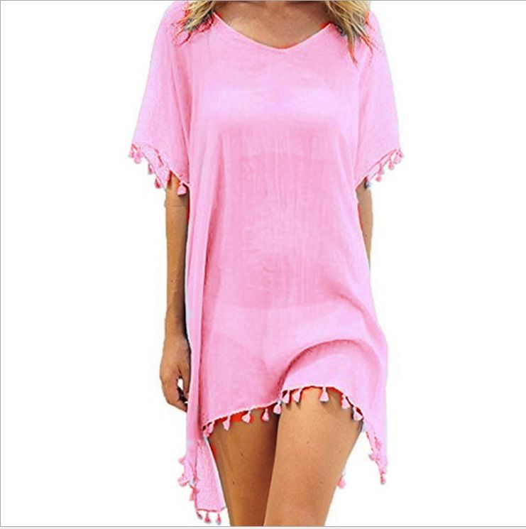 Amazon Summer Women's Trade Round Neck Chiffon Tassel Dress Large Loose Beach Hoodie Manufacturer in Stock White one size