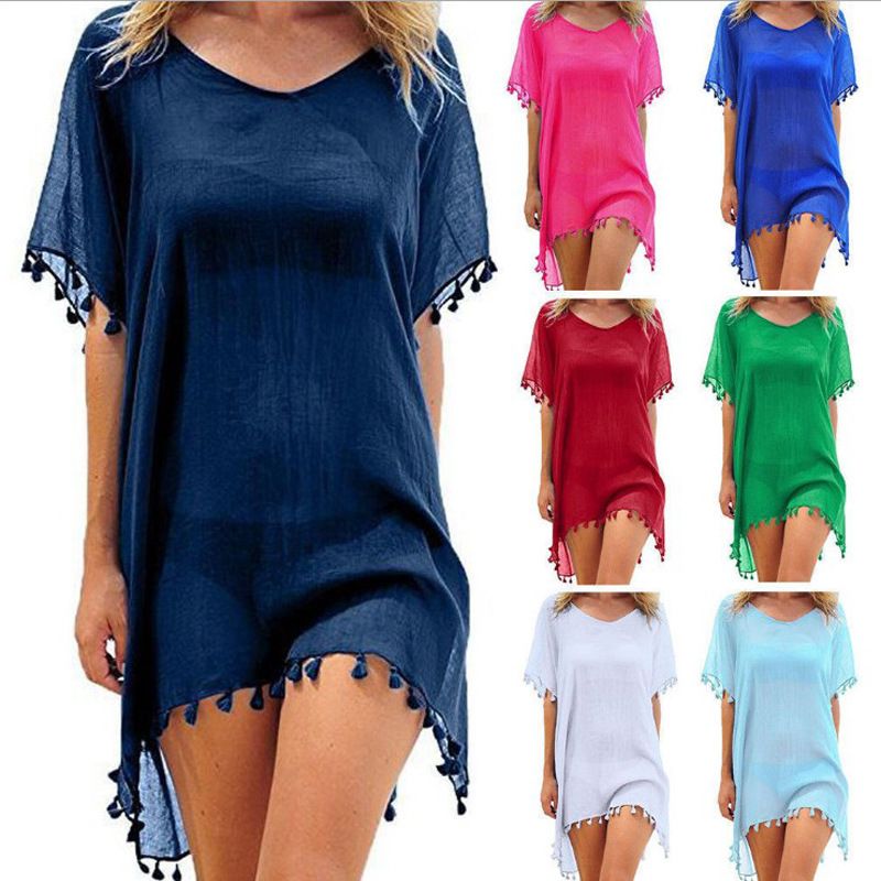Amazon Summer Women's Trade Round Neck Chiffon Tassel Dress Large Loose Beach Hoodie Manufacturer in Stock White one size