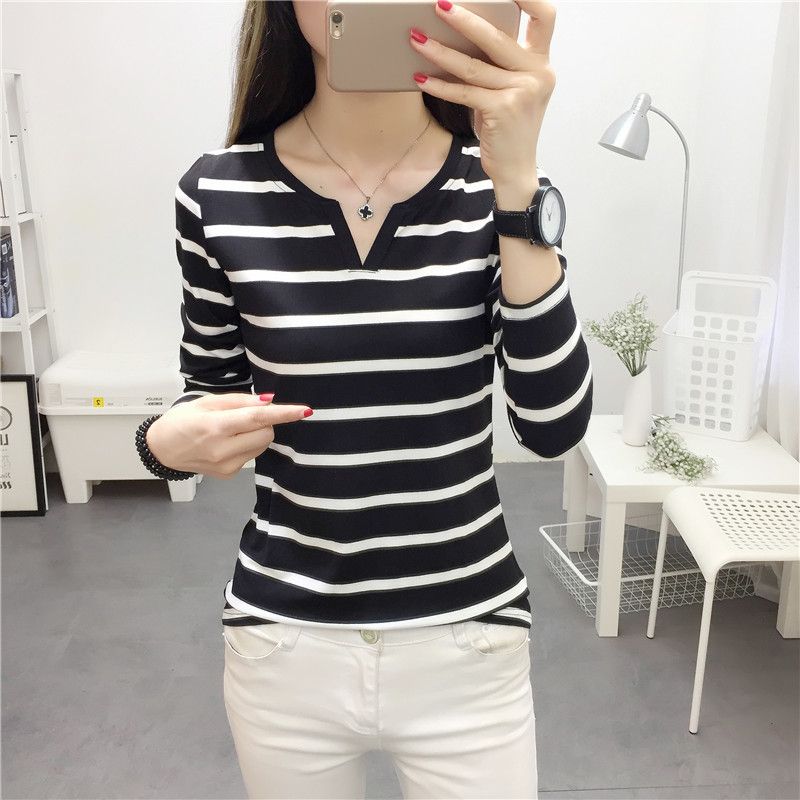 Wholesale  autumn new Korean style women's slim fit striped V-neck long sleeved T-shirt, women's base shirt, one piece hair replacement
