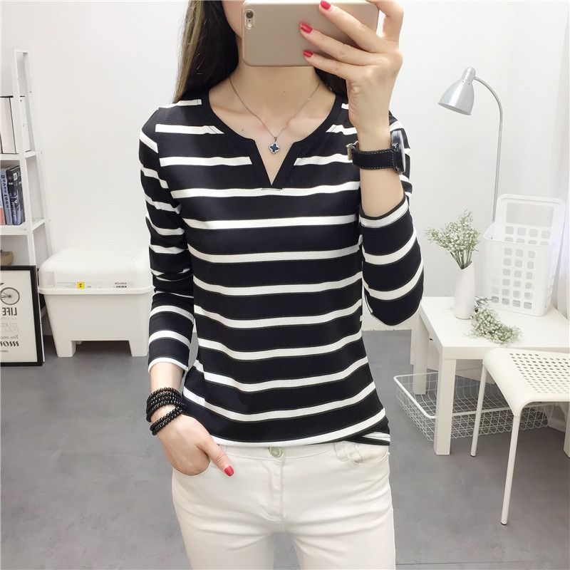 Wholesale  autumn new Korean style women's slim fit striped V-neck long sleeved T-shirt, women's base shirt, one piece hair replacement