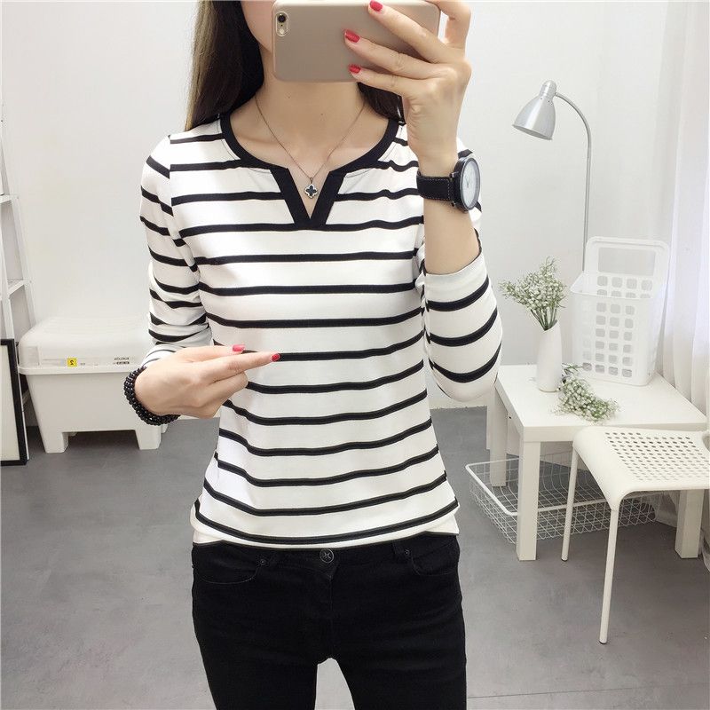 Wholesale  autumn new Korean style women's slim fit striped V-neck long sleeved T-shirt, women's base shirt, one piece hair replacement