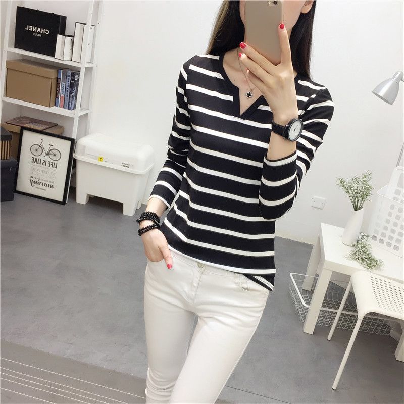 Wholesale  autumn new Korean style women's slim fit striped V-neck long sleeved T-shirt, women's base shirt, one piece hair replacement