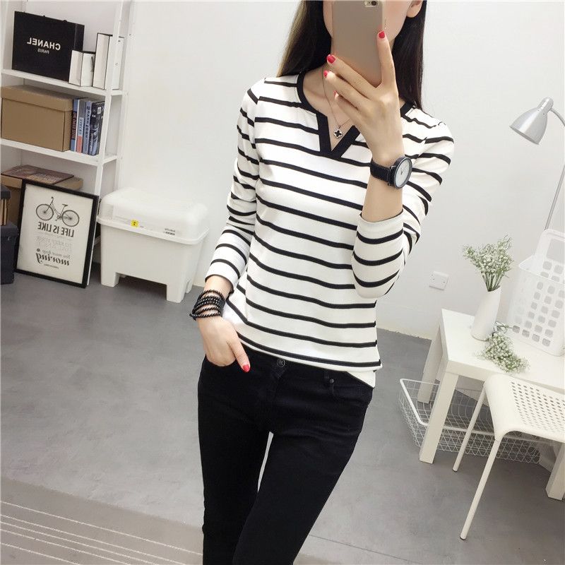 Wholesale  autumn new Korean style women's slim fit striped V-neck long sleeved T-shirt, women's base shirt, one piece hair replacement