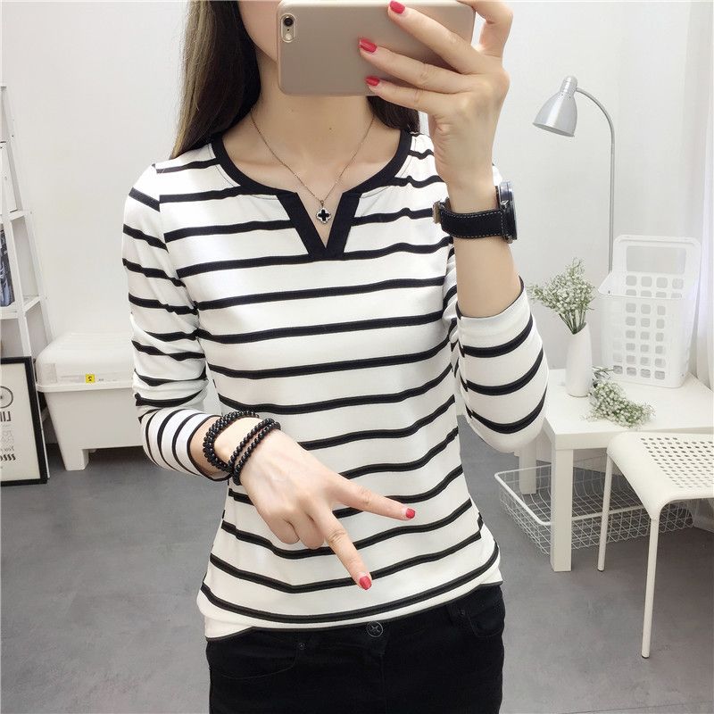 Wholesale  autumn new Korean style women's slim fit striped V-neck long sleeved T-shirt, women's base shirt, one piece hair replacement