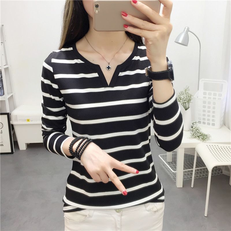 Wholesale  autumn new Korean style women's slim fit striped V-neck long sleeved T-shirt, women's base shirt, one piece hair replacement