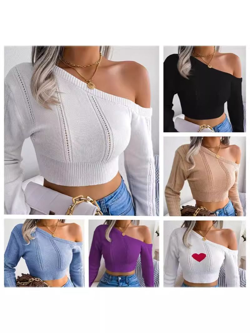 Cross border women's clothing European and American off shoulder knitted sweater Amazon hot item, light luxury fashion versatile long sleeved fashion temperament