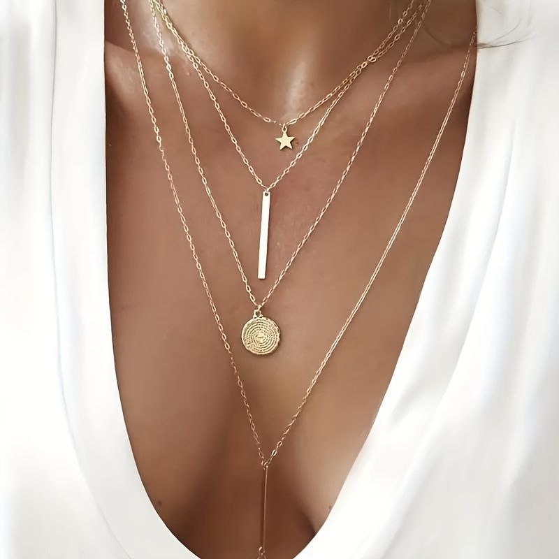 Multi-layer necklace for women, versatile, high-end, five-pointed star, one-line disc, geometric shape, fashion jewelry
