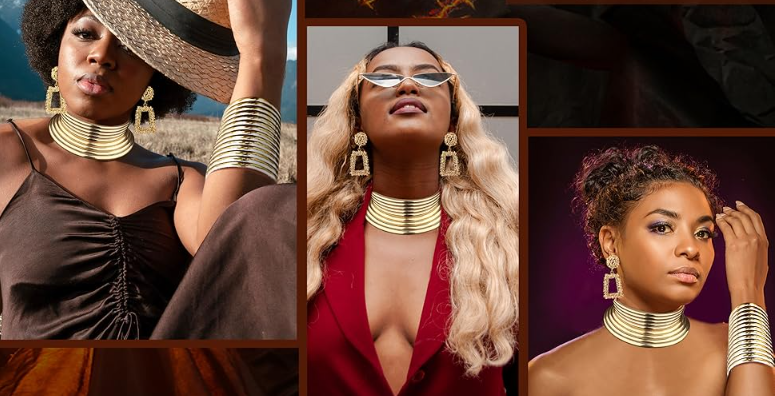 Men's and women's jewelry, gold and silver punk necklaces, bracelets, earrings, punk jewelry sets, four piece sets, African wedding performances, daily routines