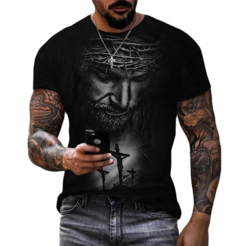 Graffiti Portrait 3D Print Men's Retro Street Short Sleeve Crew Neck T-shirt, Spring Fall