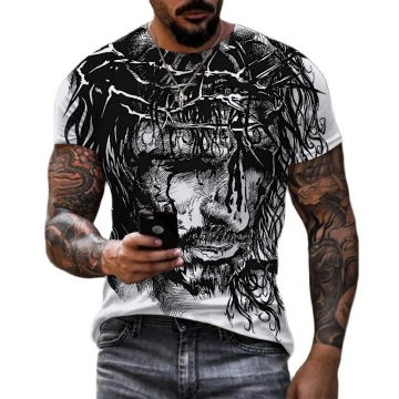 Graffiti Portrait 3D Print Men's Retro Street Short Sleeve Crew Neck T-shirt, Spring Fall