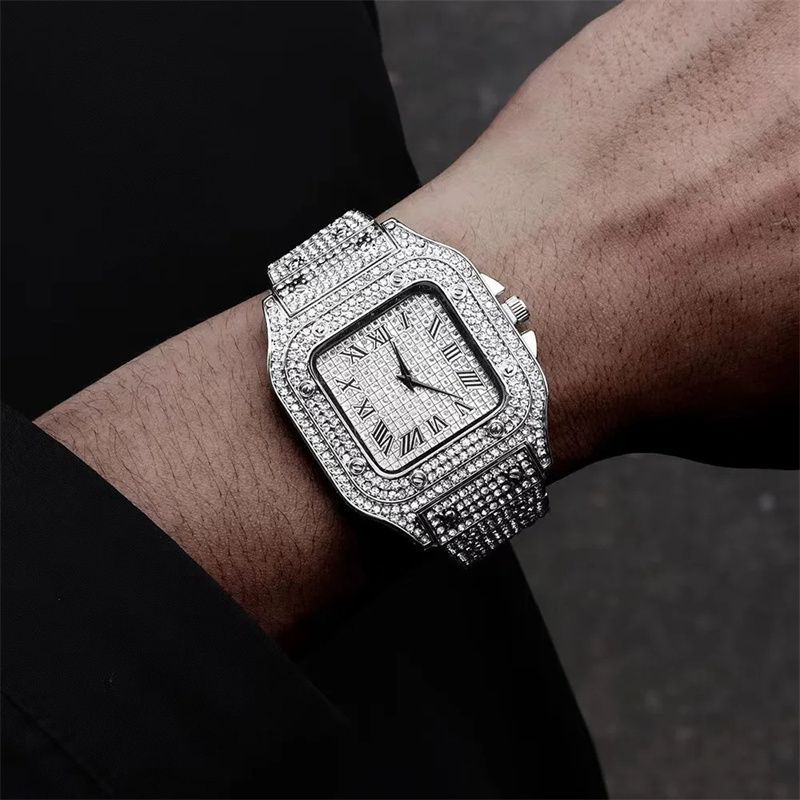 New Fashion Men's Watch  European and American Style Square Hip-Hop Men's Watch Bracelet Necklace Set Quartz Full Diamond Watch Fashion Starry Sky Watch African Popular  Jewelry Set