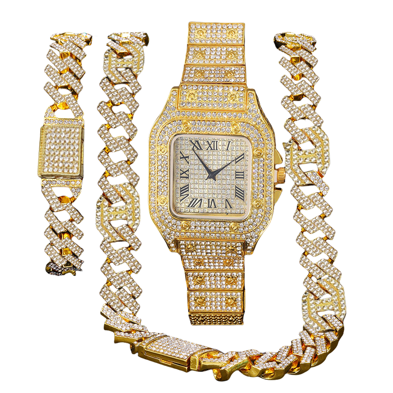 New Fashion Men's Watch  European and American Style Square Hip-Hop Men's Watch Bracelet Necklace Set Quartz Full Diamond Watch Fashion Starry Sky Watch African Popular  Jewelry Set