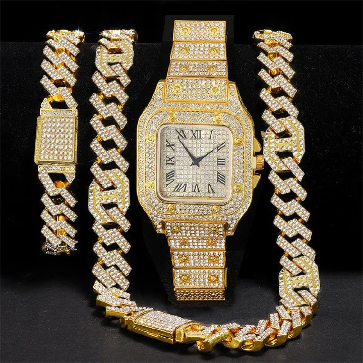 New Fashion Men's Watch  European and American Style Square Hip-Hop Men's Watch Bracelet Necklace Set Quartz Full Diamond Watch Fashion Starry Sky Watch African Popular  Jewelry Set