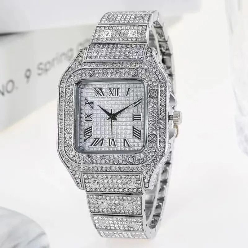 New Fashion Men's Watch  European and American Style Square Hip-Hop Men's Watch Bracelet Necklace Set Quartz Full Diamond Watch Fashion Starry Sky Watch African Popular  Jewelry Set