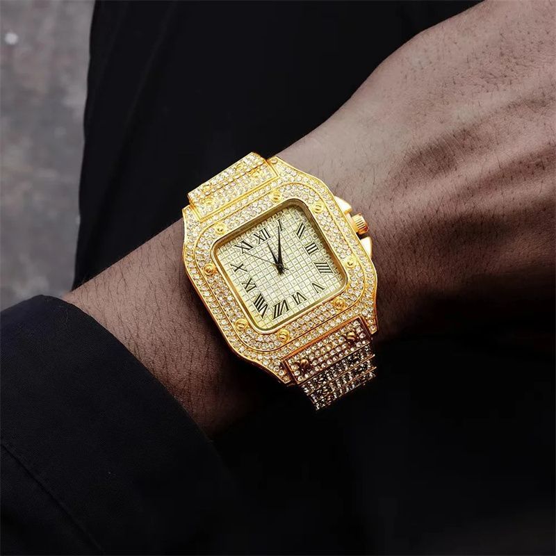 New Fashion Men's Watch  European and American Style Square Hip-Hop Men's Watch Bracelet Necklace Set Quartz Full Diamond Watch Fashion Starry Sky Watch African Popular  Jewelry Set