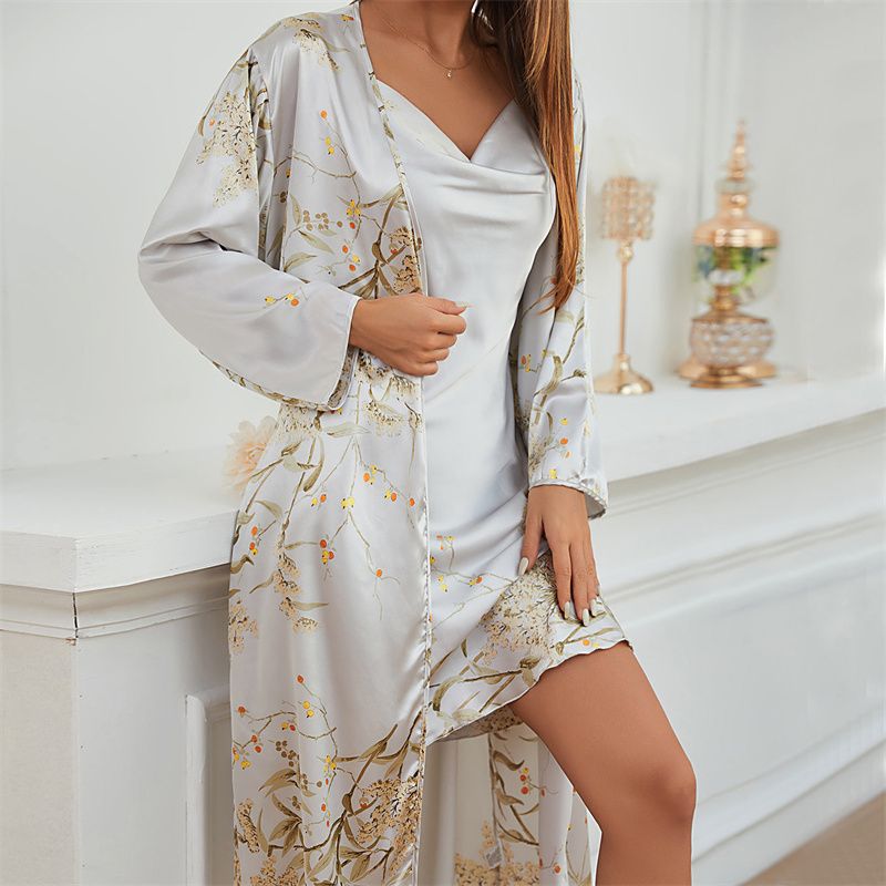 2pcs/set Simple Women's Four-season Home Wear Lace-up Night-robe and Nightgown Two-piece set Thin Outer Wear Mid-length Comfortable Sexy Silk Pajamas Set